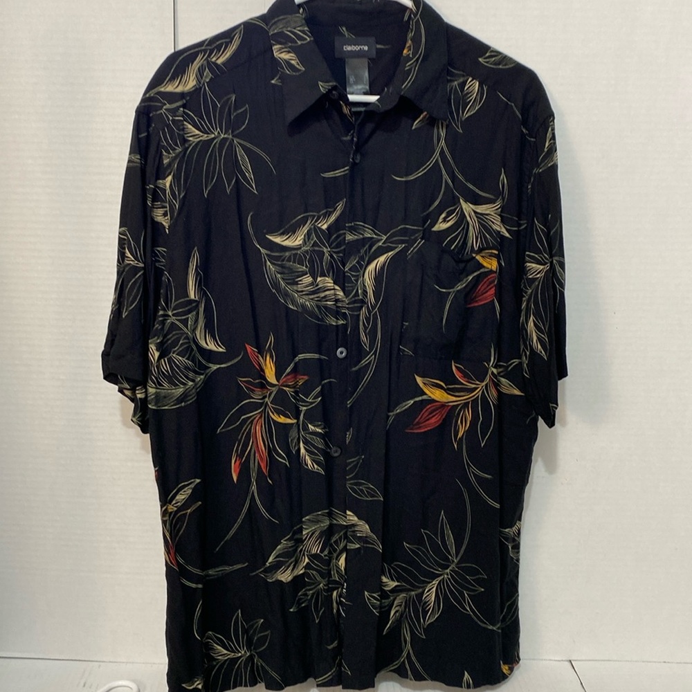Claiborne Hawaiian Shirt size L Black Floral Design